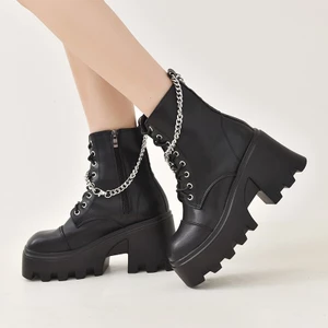 Phong Cách Gothic Kích Thước Lớn Bằng Sáng Chế Da Giày Cao Gót Nữ Dây Xích Gợi Cảm Gót Dày Đế Giày Bốt Punk Phong Cách Mắt Cá Chân Giày Châu Âu Mỹ Size Lớn Giày Nữ20260616