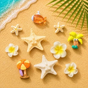 Set Charm Sao Biển Cát Vàng Resin Cao Cấp – Hoa Sứ Biển Cây Dừa Ô Che Nắng Tàu Ngầm Trang Trí Dép Tropical