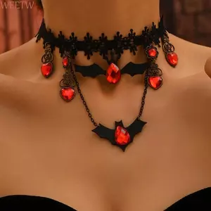 WEETW Gothic Choker, Vòng cổ Halloween phong cách đen tối cổ điển, Thời trang Đá đỏ Trái tim đính cườm màu đen Hoa xếp lớp Bông tai dơi Dress-Up