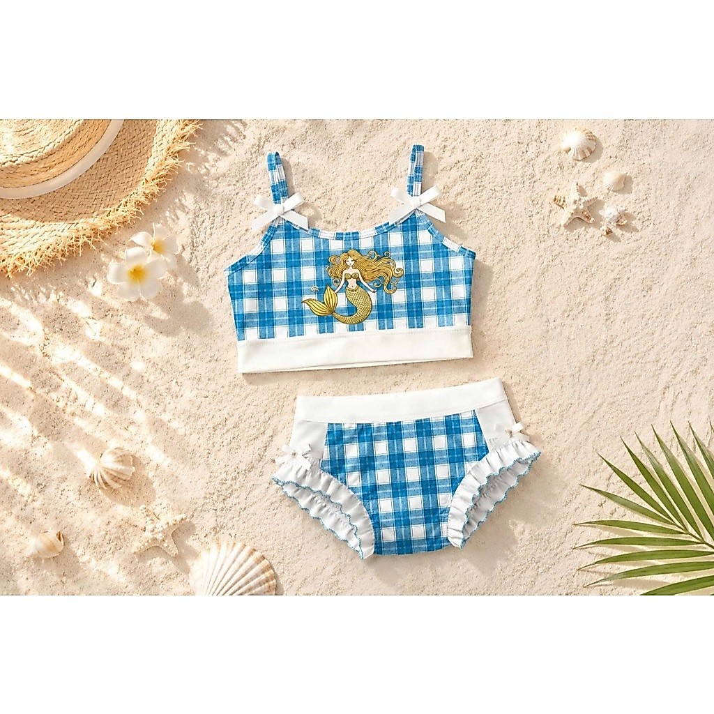 Set bikini bé gái, bộ đồ bơi đi biển bé gái áo hai dây kèm quần phối bèo xanh caro chất thun co giãn Size 10-28kg