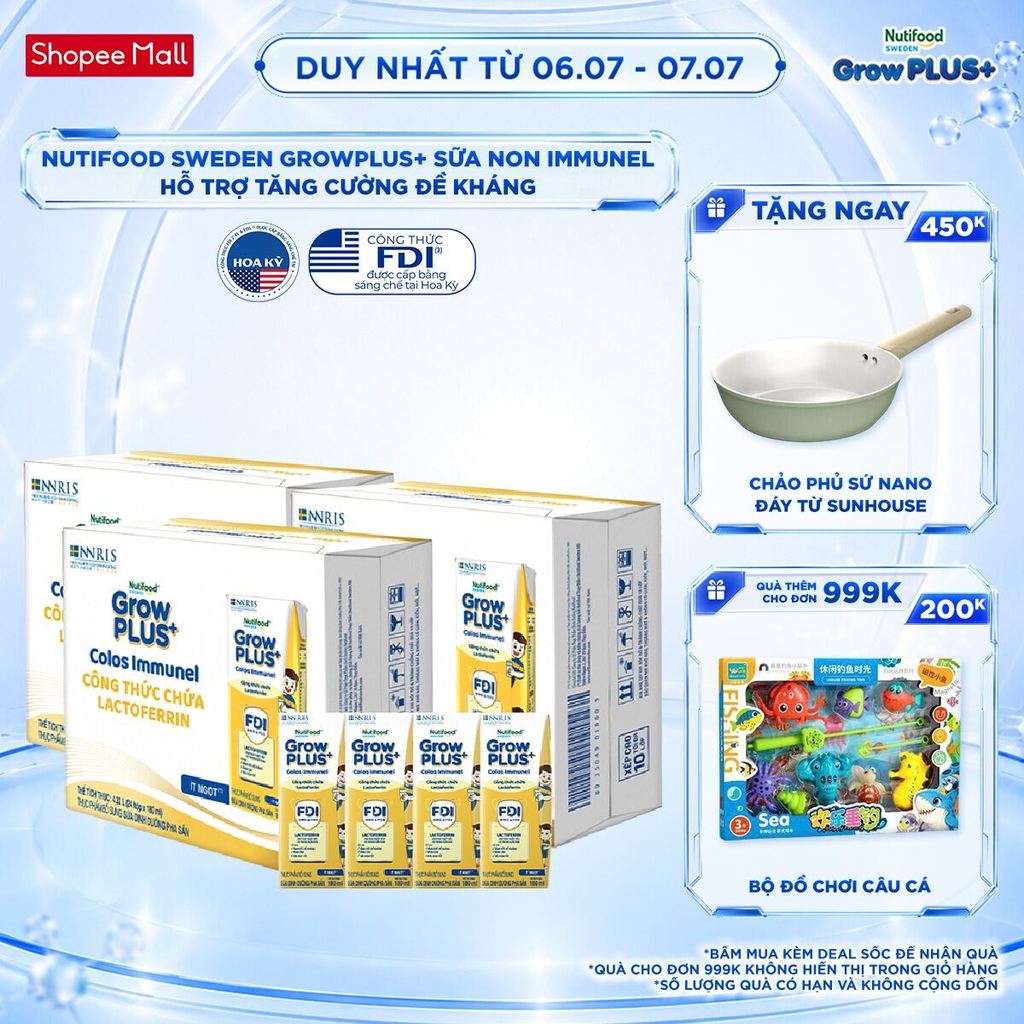 Combo 3 thùng 24 hộp Sữa Bột Pha Sẵn Nutifood Sweden GrowPLUS+ Sữa Non Immunel 180 ml (Bao bì tuỳ lô hàng)