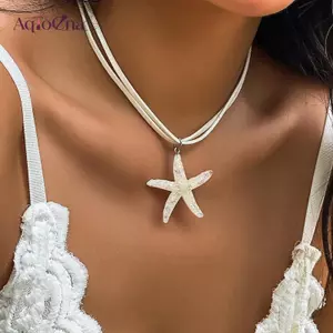 AqToCna Boho Nhựa Lớn Sao Biển Mặt Dây Chuyền Choker Nelace Cho Nữ Hợp Thời Trang Nhiều Lớp Dây Xích Mùa Hè Đi Biển Kỳ Nghỉ Trang Sức Quà Tặng AqToCna