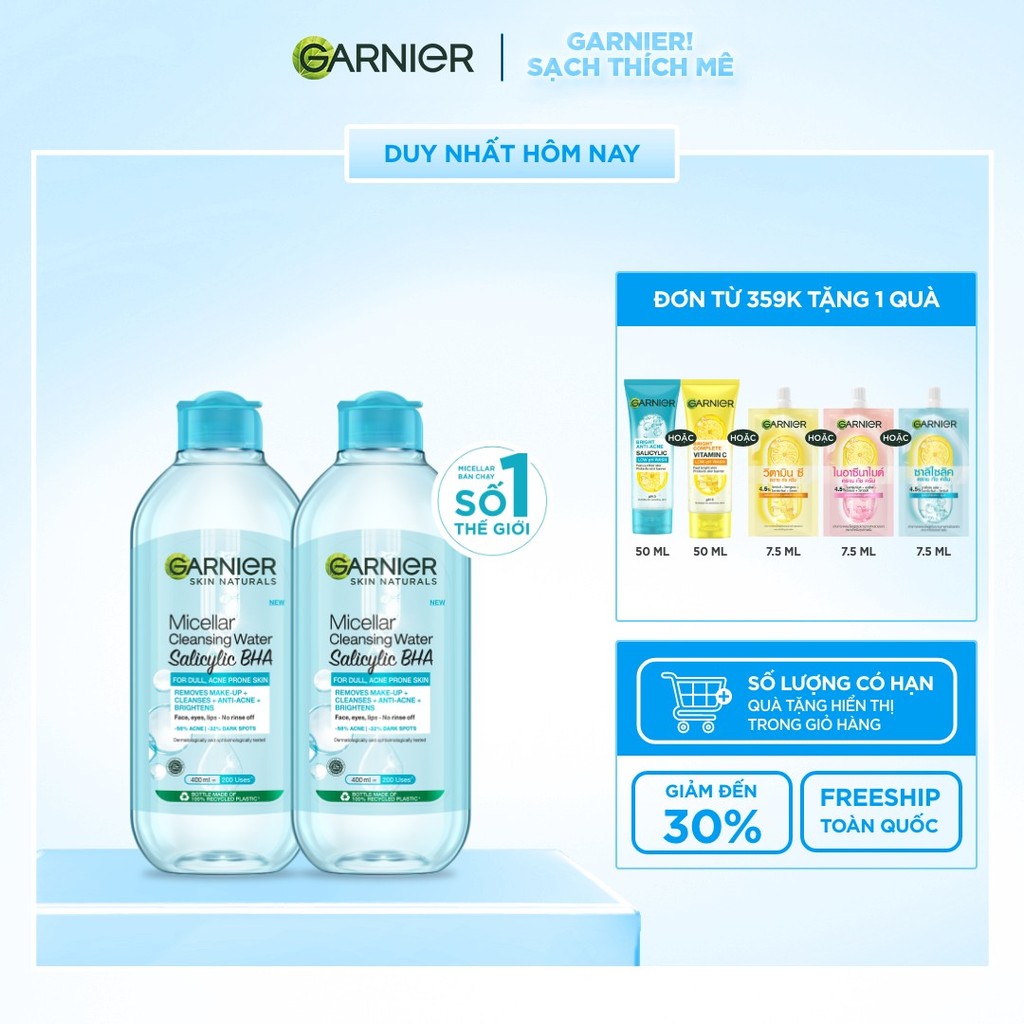 Bộ 2 Nước tẩy trang Garnier Cho Da Dầu Mụn Salicylic BHA Micellar 400ml x 2 (mới)