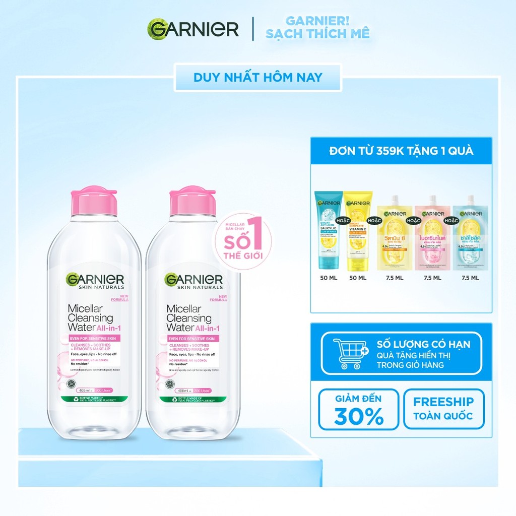 Bộ 2 nước làm sạch và tẩy trang cho da nhạy cảm (nắp hồng) Garnier 400ml x 2