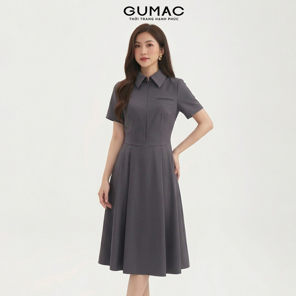 Đầm Nữ Dáng A Xòe GUMAC Phối Túi Mổ Phía Trước Có Dây Kéo Giọt Nước Hai Túi Dọc Bên Sườn LDF0825