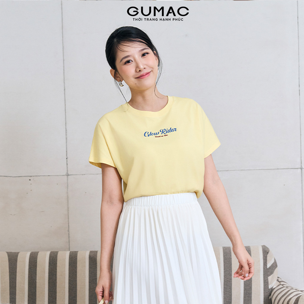 Áo Thun Nữ GUMAC Phom Suông Phối Tay Cánh Dơi In Art Chữ Chất Cotton 2C Thoáng Mát ATF12031