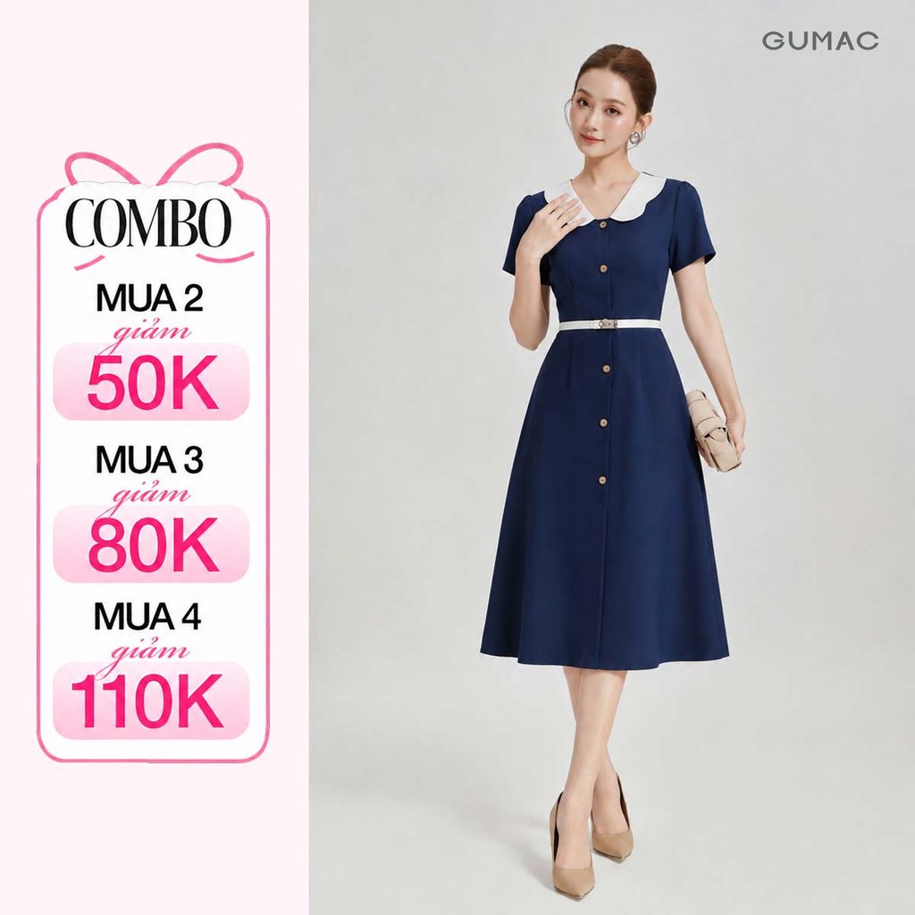 Đầm Nữ Form A Xòe GUMAC Phối Bâu Trắng Đính Nút Có Túi Tôn Dáng LDD1214