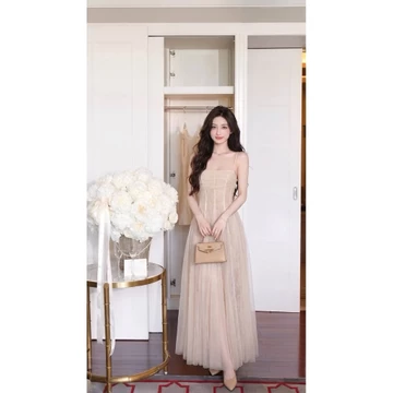 Đầm thiết kế hai dây dáng dài phối lưới xòe bồng, váy prom đi tiệc đi cưới cao cấp D1699
