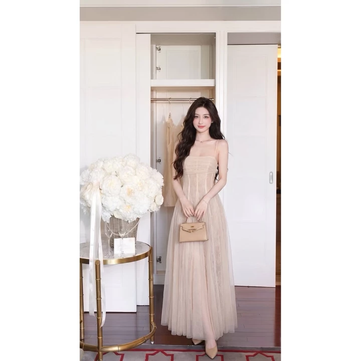 Đầm thiết kế hai dây dáng dài phối lưới xòe bồng, váy prom đi tiệc đi cưới cao cấp D1699