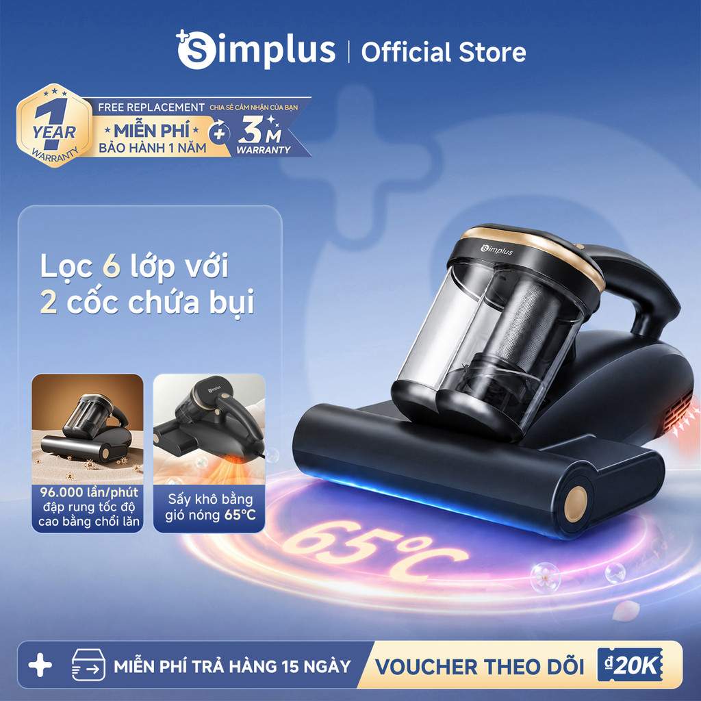 Simplus Máy hút bụi giường nệm Thiết kế 2 cốc chứa bụi Tia UV diệt khuẩn Tốc độ đập 96,000 vòng/phút CMYH007GY