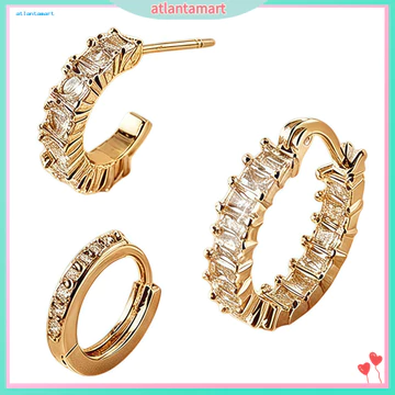 COD| Bộ Bông Tai Có Thể Xếp Chồng Dainty Bông Tai Vòng Vàng Cho Nữ Bộ 3 Bông Tai Đính Đá Zirconia Thanh Lịch – Vòng Tròn Vòng Trang Sức Quà Tặng Cho Nữ Nhẹ Và Cho Hàng Ngày