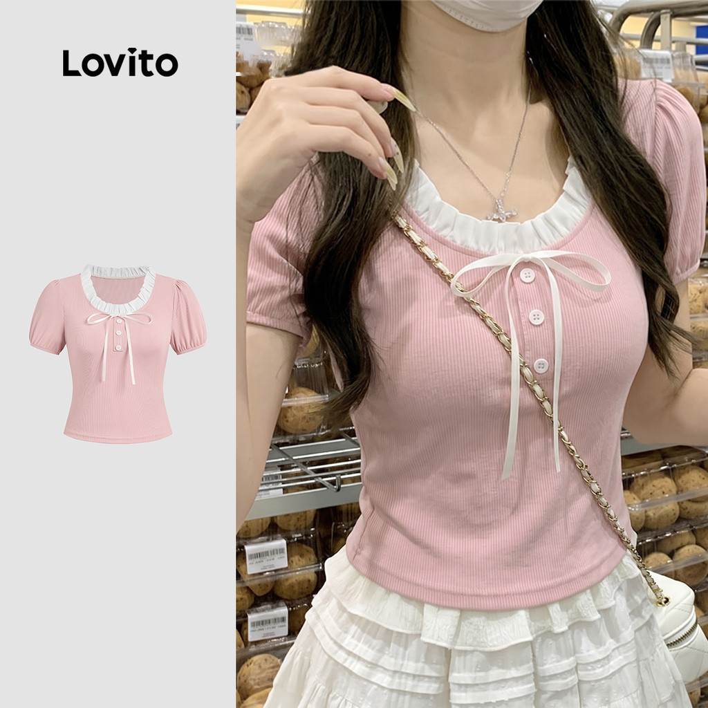 Áo thun Lovito phong cách thường ngày cột dây mùa xuân/hè màu hồng cho nữ LK4AD460