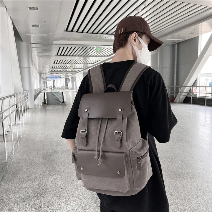 Ba lô vải canvas, túi đựng laptop, ba lô du lịch có dây rút cá tính và phong cách, ba lô nắp gập, ba lô cổ điển dành cho nam.