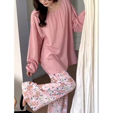 bộ ngủ dài tay nữ bộ đồ ngủ nữ dài tay Đồ ngủ lụa cotton dài tay bộ đồ cô gái ngọt ngào màu tương phản mùa xuân thu cho nữ đồ mặc ở nhà thiếu nữ Nhật Bản có thể mặc ngoài