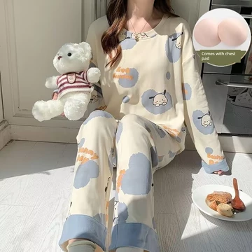 set đồ ngủ dài set thu đông nữ Đồ ngủ mẫu mới có đệm ngực, bộ đồ cotton dài tay mẫu xuân thu nữ, đồ mặc nhà thu đông nữ sinh dễ thương