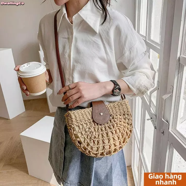 [COD] Túi rơm mùa hè DWELLINGCO, Túi xách bằng tay mây Túi cói hình bán nguyệt, Túi đi biển Túi Tote du lịch nữ Túi đeo vai rỗng