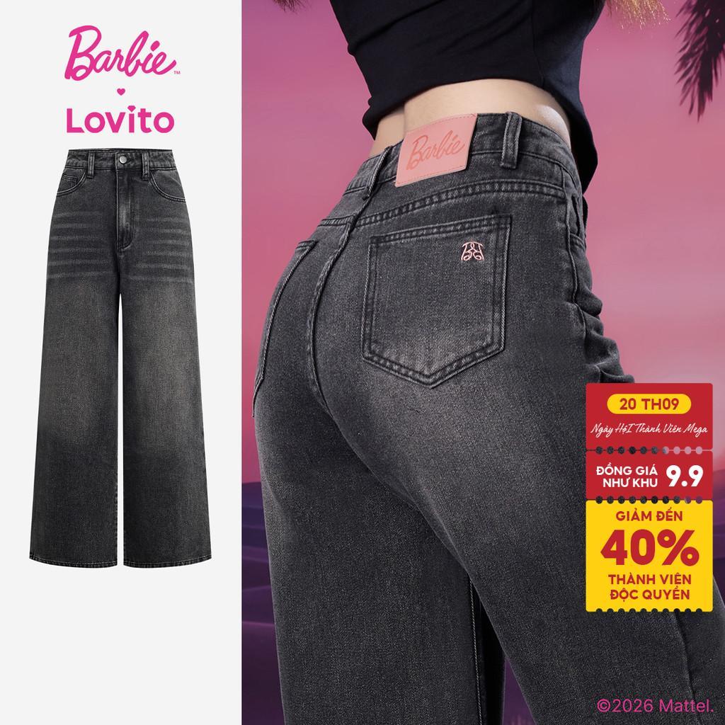 Barbie™ X Lovito Quần Jeans Nữ Đen Xuân/Hè Eo Trung Chân Thẳng Thêu Họa Tiết Nút Có Túi LBL5AD054
