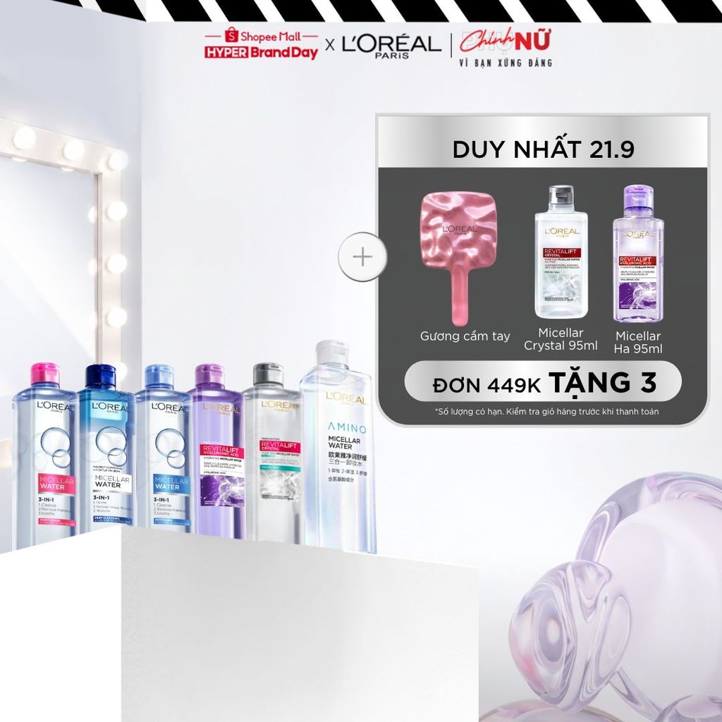 [AMINO MICELLAR MỚI] Nước tẩy trang làm sạch sâu, loại bỏ bụi bẩn & trang điểm 3-in-1 L'Oreal Paris Micellar Water 400ml