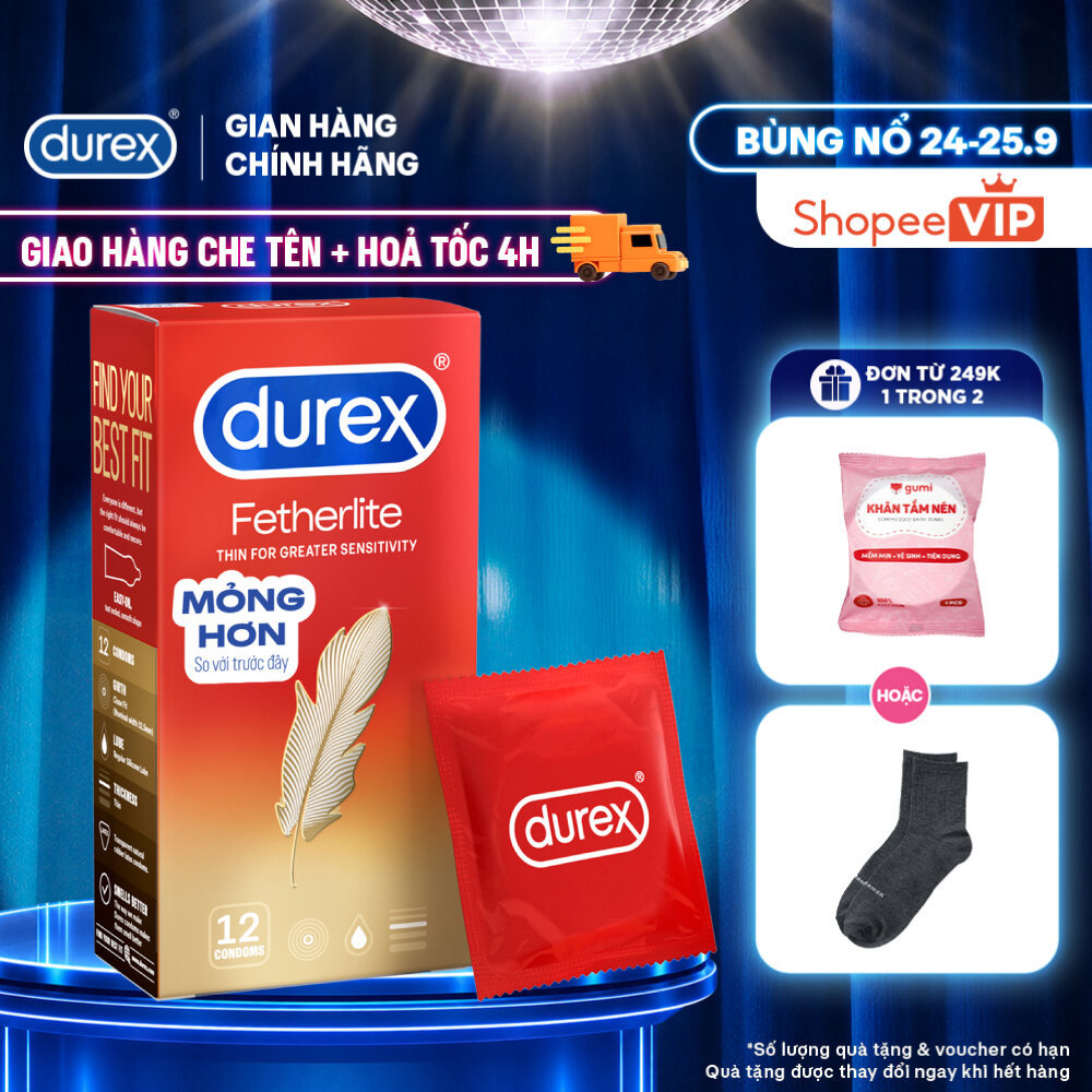 [HỎA TỐC 4H] Bao cao su Durex Fetherlite siêu mỏng, size 52.5mm, 12 bao/hộp