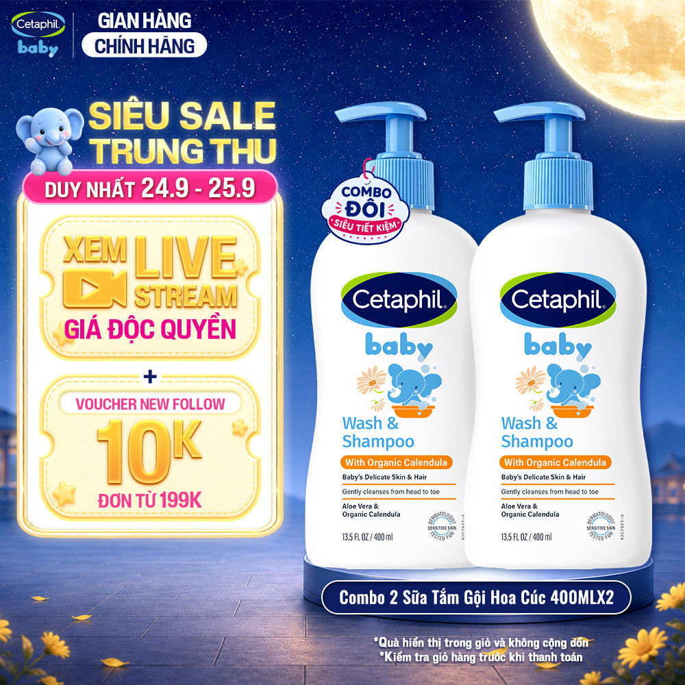 Combo 2 Sữa tắm gội dưỡng ẩm dịu lành cho bé Calendula hoa cúc hữu cơ CETAPHIL BABY W&SHAMPOO CALENDULA 400ML/chai