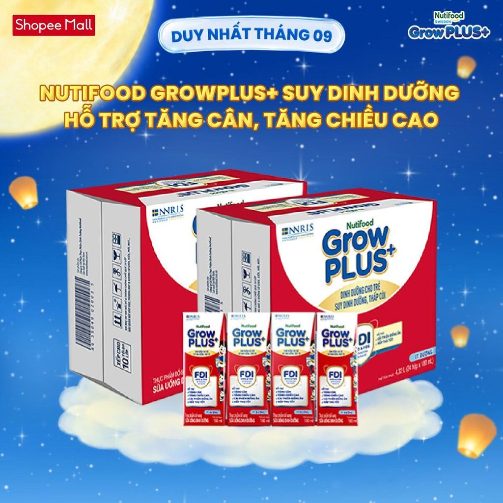 Thùng SBPS Nutifood GrowPLUS+ ít đường Suy Dinh Dưỡng - Tăng Cân, Tăng Chiều Cao (48 x 180ml) (Bao bì tùy lô hàng)