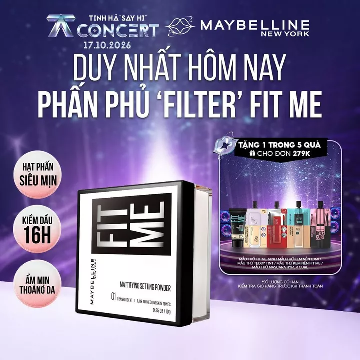Phấn phủ bột "filter" cà da, kiềm dầu, chống nước, lâu trôi 16H Fit Me Mattifying Setting Powder Maybelline New York 10g