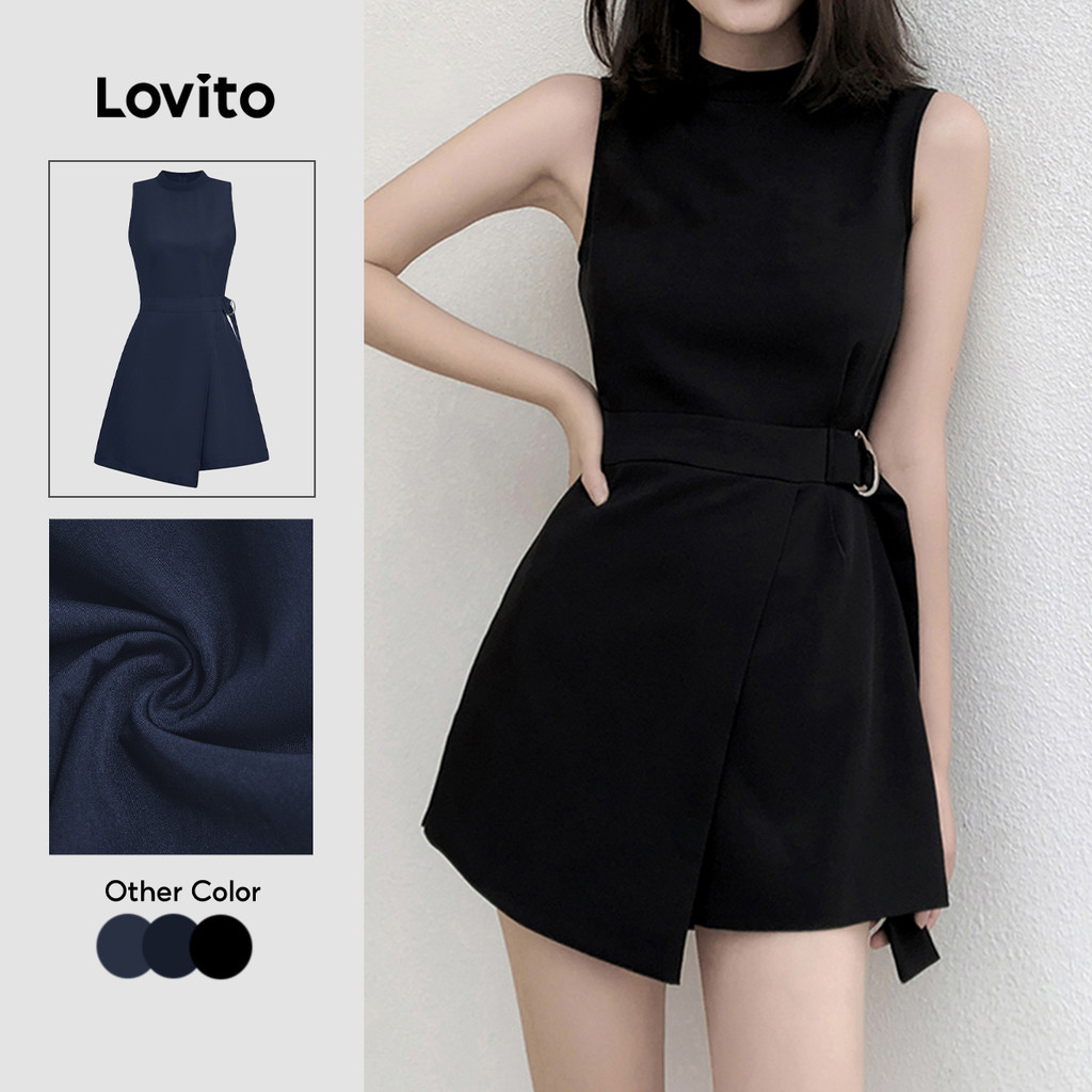 Áo liền quần nữ Lovito thanh lịch đen xuân hè khoá kim loại bất đối xứng màu trơn phong cách L135A2D274
