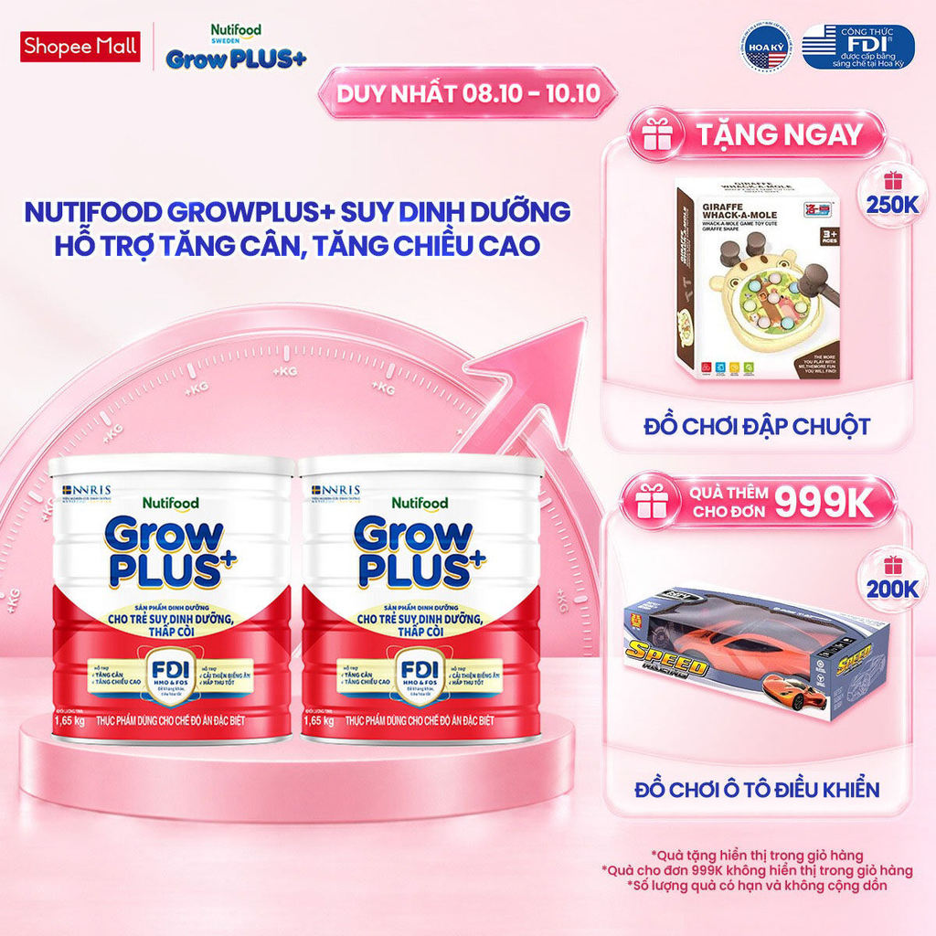 Combo 2 Sữa bột Nutifood GrowPLUS+ Suy Dinh Dưỡng (Đỏ) 1+ - Tăng Cân, Tăng Chiều Cao (2 Lon 1,65 Kg)