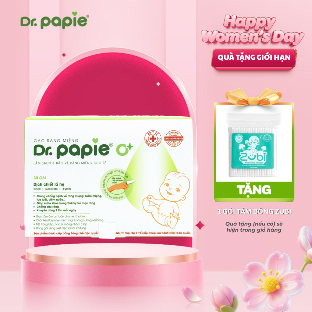 Gạc Rơ Lưỡi Chiết Xuất Lá Hẹ, Làm Sạc,h Răng, Lưỡi, Nướu Bé Sơ Sinh Phòng Tưa Lưỡi Nấm Miệng Dr.Papie (Hộp 30/60 gói)
