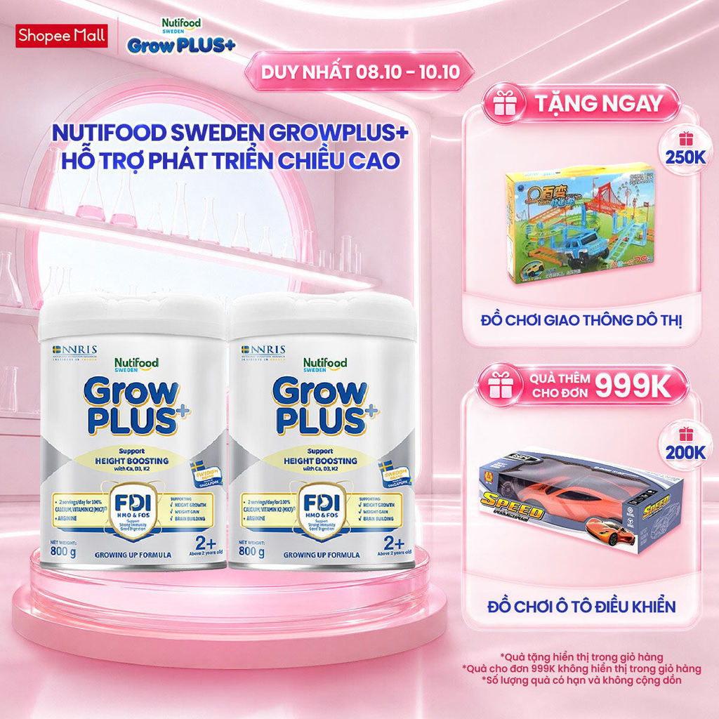 Combo 2 Sữa Bột Nutifood Sweden GrowPLUS+ Cao lớn vượt trội trên 2 tuổi (Bạc) 800g