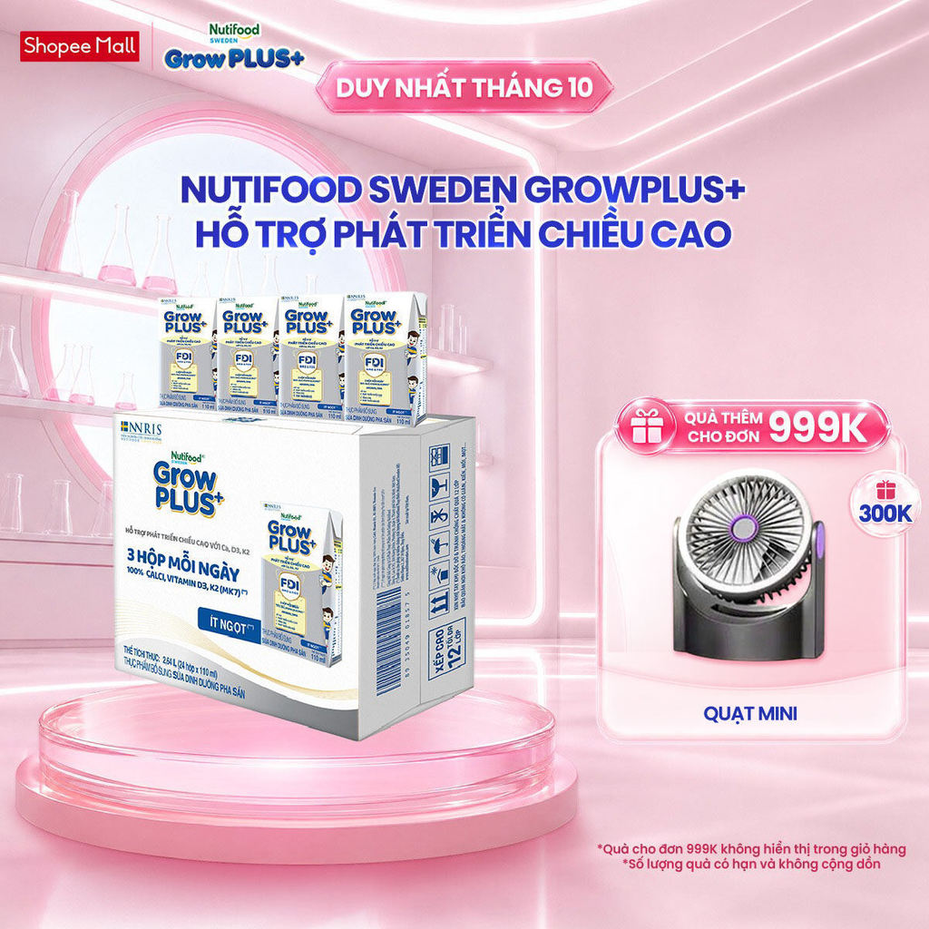 Thùng 24 hộp Sữa Bột Pha Sẵn Nutifood Sweden GrowPLUS+ Cao lớn vượt trội Height hộp 110 ml