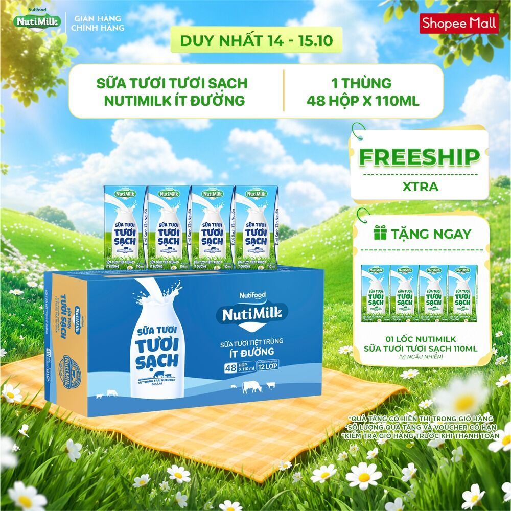 Thùng 48 Hộp Sữa Tươi Tươi Sạch NutiMilk 110ml/hộp Ít Đường