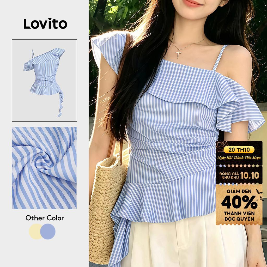 Lovito Áo sơ mi nữ mùa xuân/hè tay trễ vai bèo nhún dáng rũ màu xanh dương BLK8P1D690