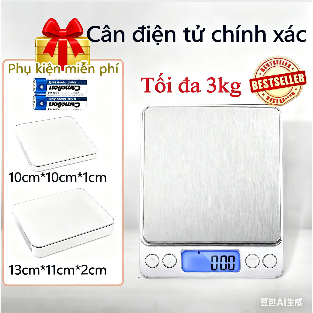 Cân tiểu ly điện tử , cân điện tử nhà bếp 3kg tặng kèm khay đựng đồ và 2 viên pin AAA New