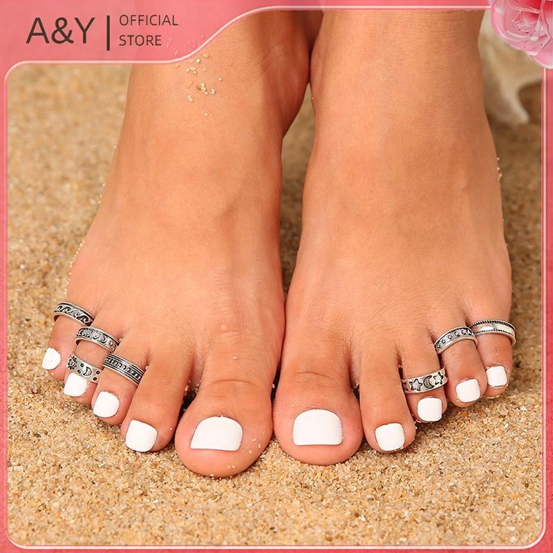A & Y 7 Chiếc Vintage Rỗng Khắc Sao Mặt Trăng Ngón Chân Bộ Dụng Cụ Nhẫn Mở Ngón Tay Có Thể Điều Chỉnh.