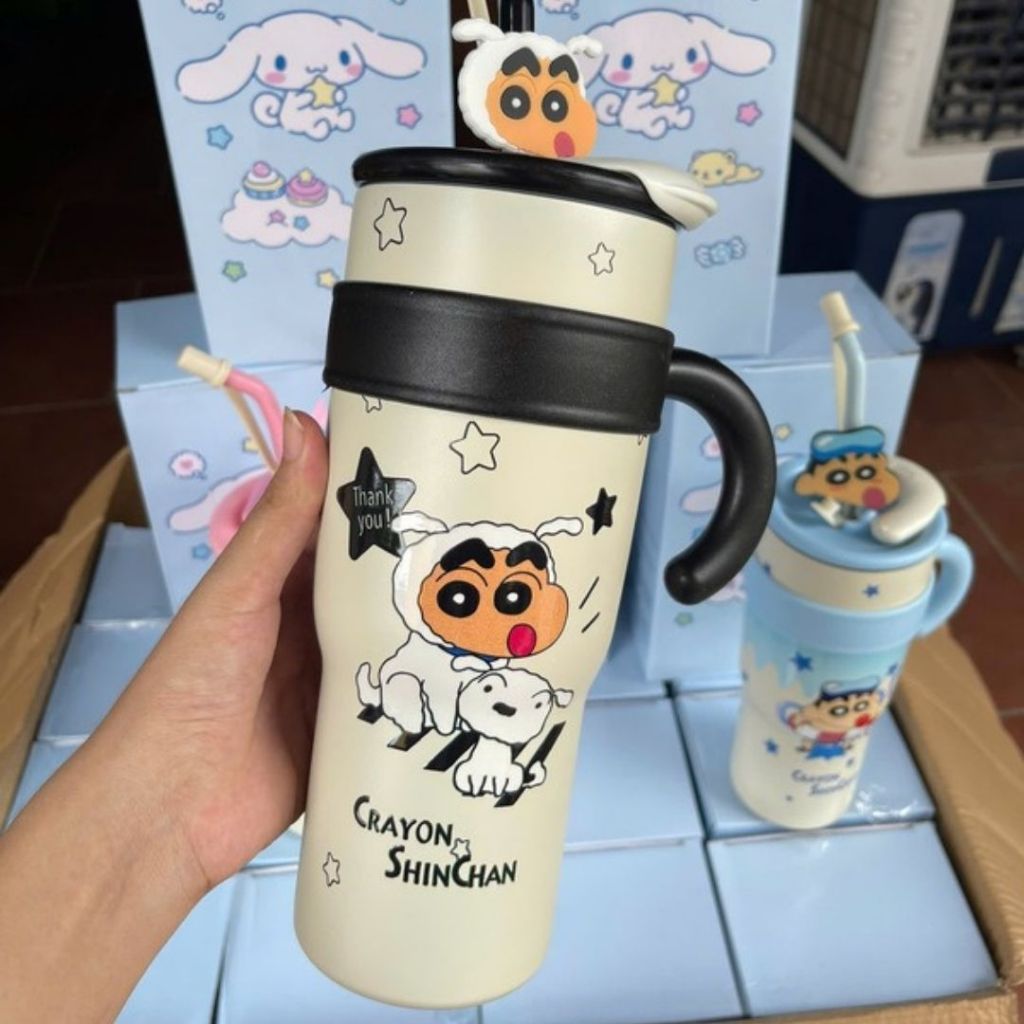 Cốc Giữ Nhiệt Cao Cấp Hoạt Hình Dễ Thương Crayon Shin-chan Inox 304, Có Nắp Và Tay Cầm