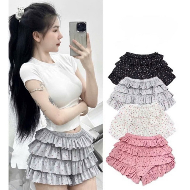 QUẦN ĐÙI TẦNG IN HOA NHÍ VÀ TRƠN GỢI CẢM MẶC MÁT LỒNG LỘNG Q4