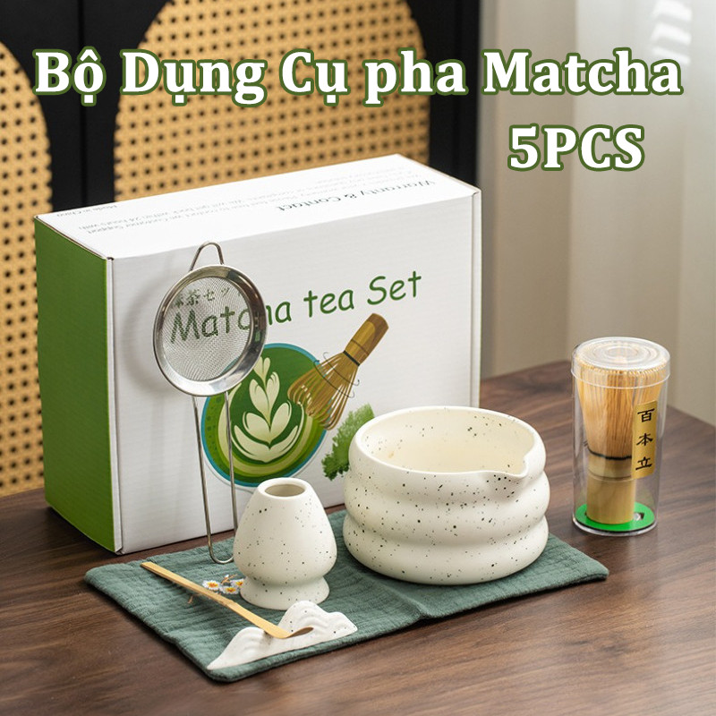 Bộ Dụng Cụ pha Matcha gồm Chawan, Chổi Chasen, Chân đế, Thìa tre, Rây lọc, Quà Tặng Cho Người Thích Uống Trà