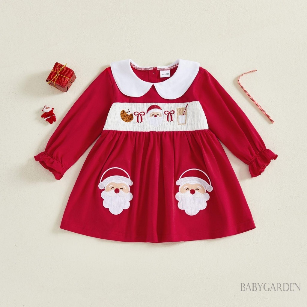 6M-5Y Bé Gái Váy Giáng Sinh Tay Dài babydoll Cổ Thêu Ông Già Noel Mùa Thu Đầm