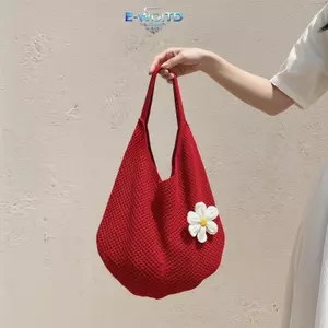 E-WOITD 1 Chiếc Túi Đeo Vai Móc Handmade Có Hoa Trang Trí Rỗng Ra Dệt Kim Túi Tote Dung Tích Lớn Túi Xách Thường Ngày Để Mua Sắm Hàng Ngày Đi Biển Du Lịch E-WOITD