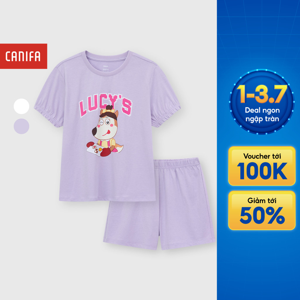 Bộ quần áo bé gái CANIFA mặc nhà chất liệu cotton mềm mát đạt chuẩn OEKO-TEX in hình Wolfoo 1LS26S011