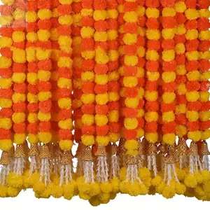 AMBU Vòng hoa cúc vạn thọ nhân tạo, dây dài 1.5m trang trí lễ Pooja Diwali Fiesta, có thể uốn cong, phù hợp Halloween và Ngày của Người Chết