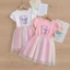✿ Bé Gái Tay Phồng Gradient Lưới Đầm Mềm Cotton In Hoạt Hình Top Lưới Váy Mùa Hè Ngày Lễ Mặc