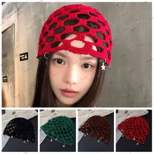 Mũ len dệt kim PYCOU, Thiết kế rỗng Mũ dệt kim không vành dệt kim thoáng khí, Phong cách Bohemian thời trang Họa tiết ngôi sao Vải dệt kim rỗng Mũ ngôi sao mặc thường ngày
