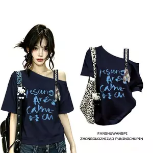 Mùa hè 2026 Ruy băng Slanted Vai dáng rộng Áo thun ngắn tay Thiết kế thích hợp Bao da thịt Slimer Look All-Match Casual Hot Girl Hợp thời trang Top Women