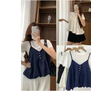 Set Yếm Nữ 2 Dây Chấm Bi Dáng Bí Cúc Dọc Kèm Áo Thun Trơn Thời Trang Nữ 385502 - - Hieuvy Botique