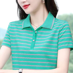 Áo sơ mi polo sọc mùa hè mới có cổ bẻ cho phụ nữ trung niên, áo ngắn tay