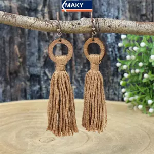 MAKY Bohemian Phong Cách Vintage Viền Mặt Dây Chuyền Gỗ Thiết Kế Vòng Tròn Dài Nelace Bông Tai Trang Sức VN