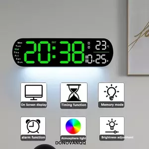 Đồng hồ treo tường kỹ thuật số LED DONOVANQQ, Đèn xung quanh Thời gian hiển thị ngày Đồng hồ hiển thị LED lớn, Độ sáng có thể điều chỉnh độ ẩm Hiển thị nhiệt độ Đồng hồ treo tường