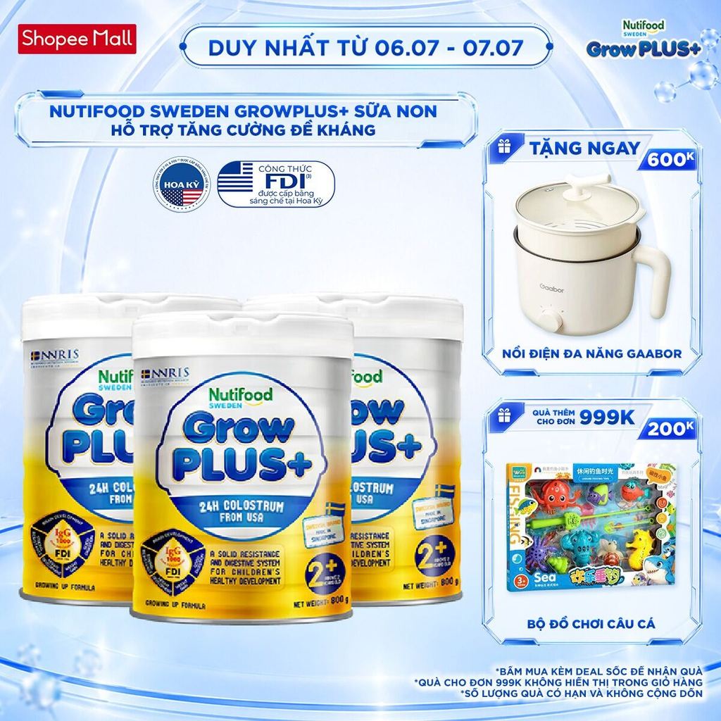 Combo 3 Sữa non GrowPLUS+ (vàng) trên 2 tuổi Singapore tăng cường hệ miễn dịch và hấp thu chất dinh dưỡng (3lon x Lon 80